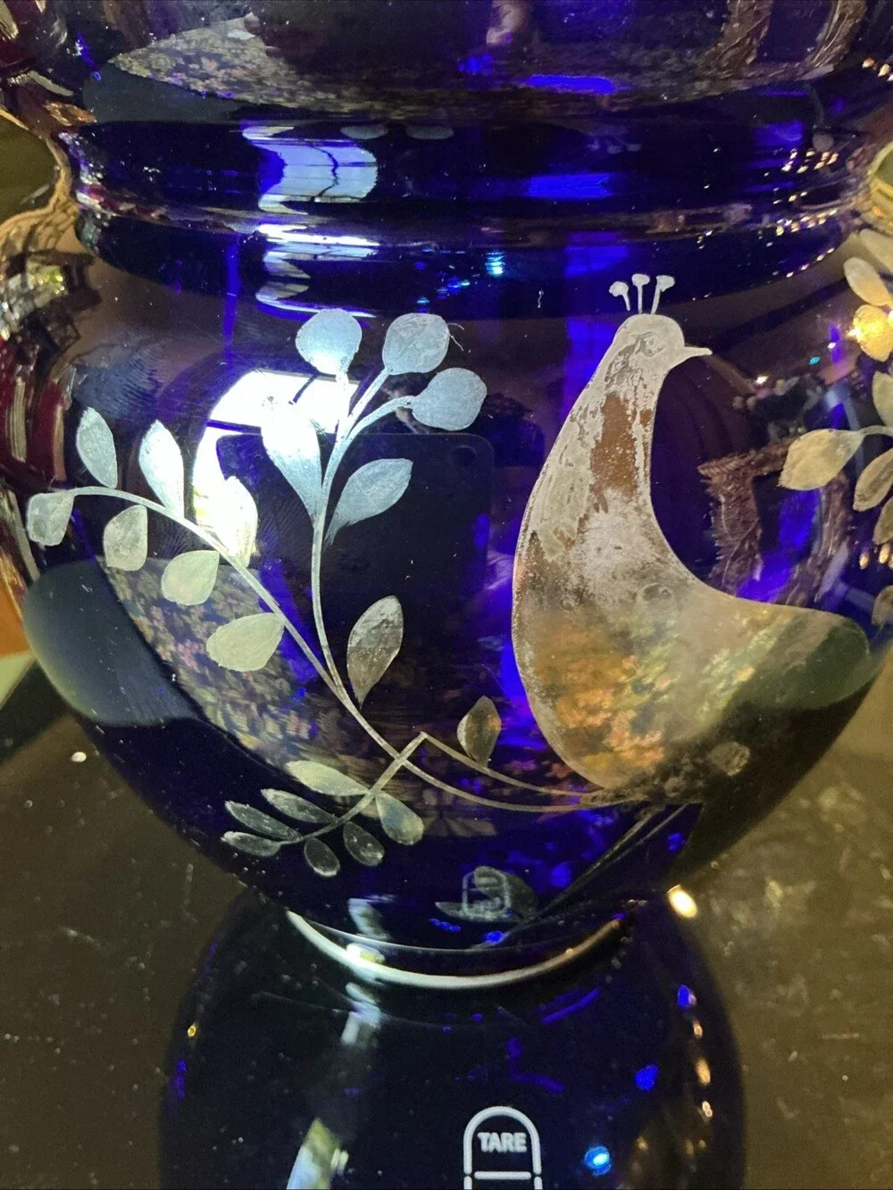 Antique Sterling Overlay Peacock Cobalt Blue 7.25” Vase (chip) Bohemian